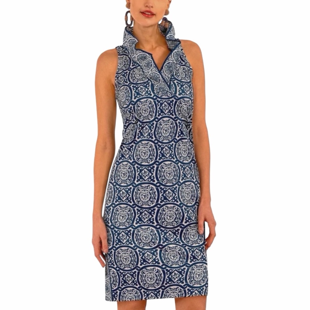 Gretchen Scott Ruffneck Sleeveless Dress Sultan’s Dining Room Stretch Blue White